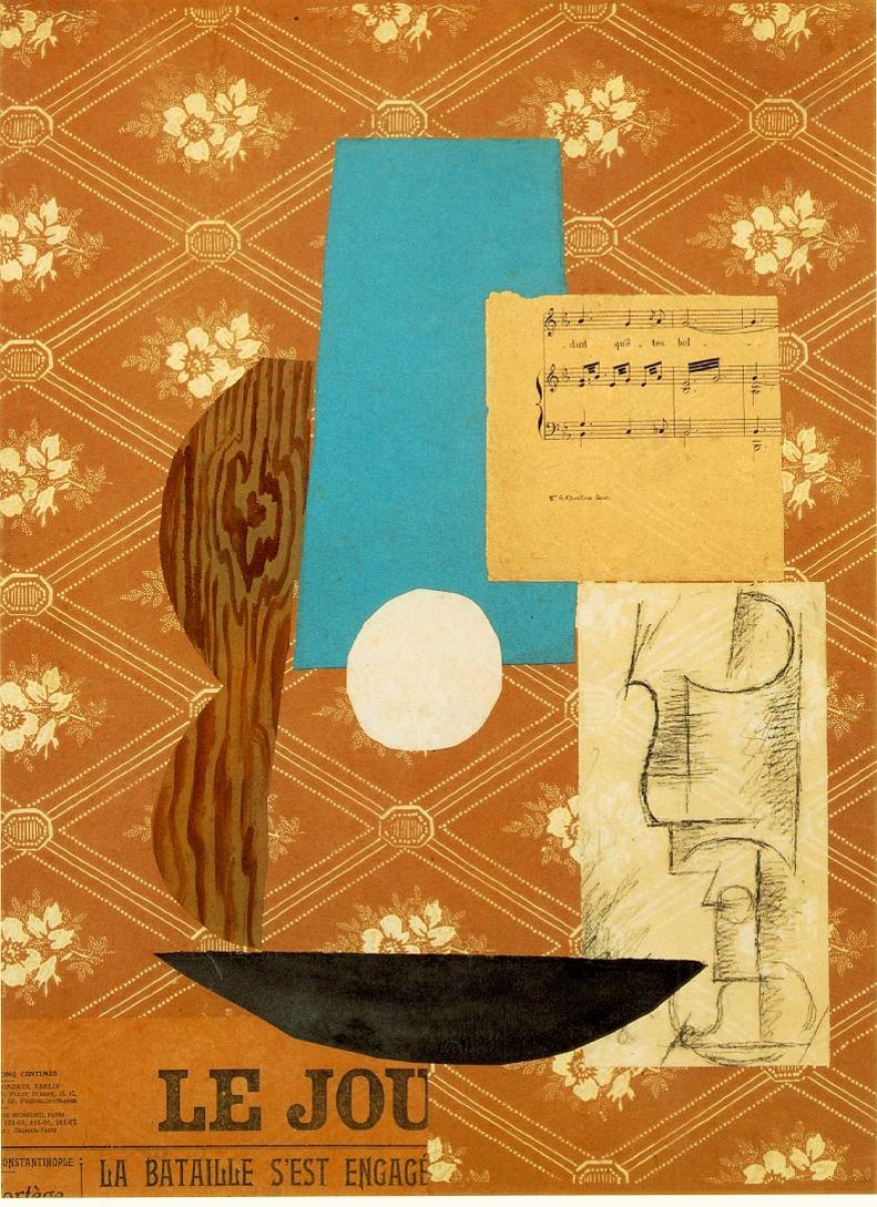 Pablo Picasso, Guitar , sheet music, and glass (1912)